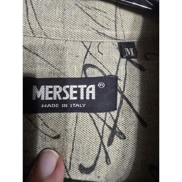 Vintage Merseta Italy Shirt Mens M Beige Herringbone Abstract Print Button Up - Picture 4 of 16